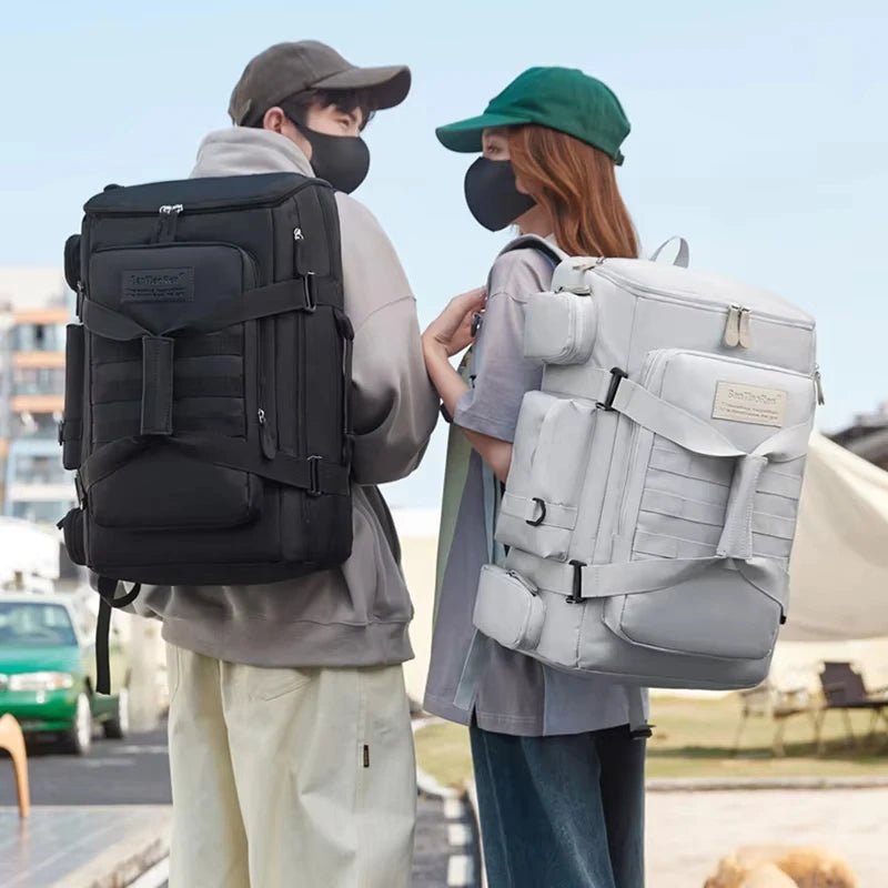 Large white FanzyMarket sports backpack with wet and dry compartments, ideal for gym, yoga, fitness, or fishing trips.