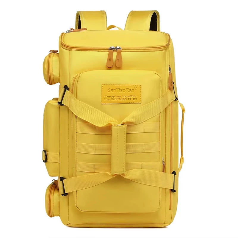 Large white FanzyMarket sports backpack with wet-dry separation, ideal for gym, yoga, fitness, and fishing trips.