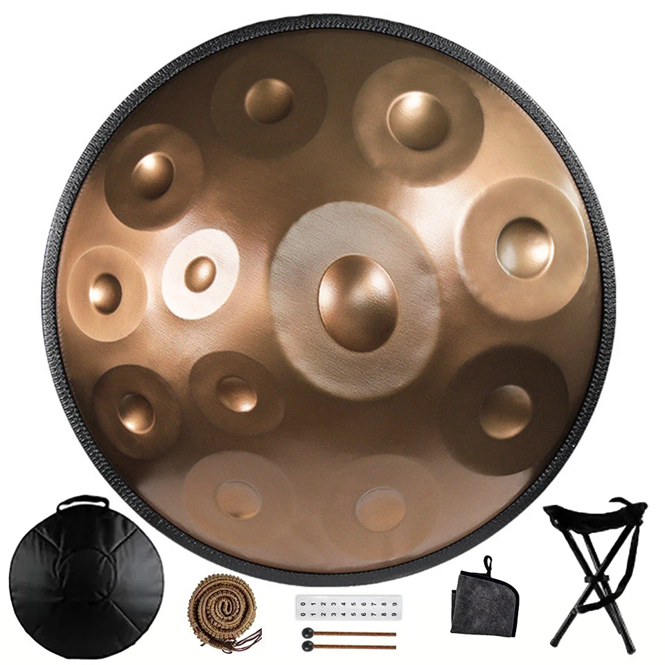 FanzyMarket D Minor Kurd Handpan Drum, 22-inch steel hand drum with 9/10/12 notes, mallets, and woven rattan edge, musical instrument.