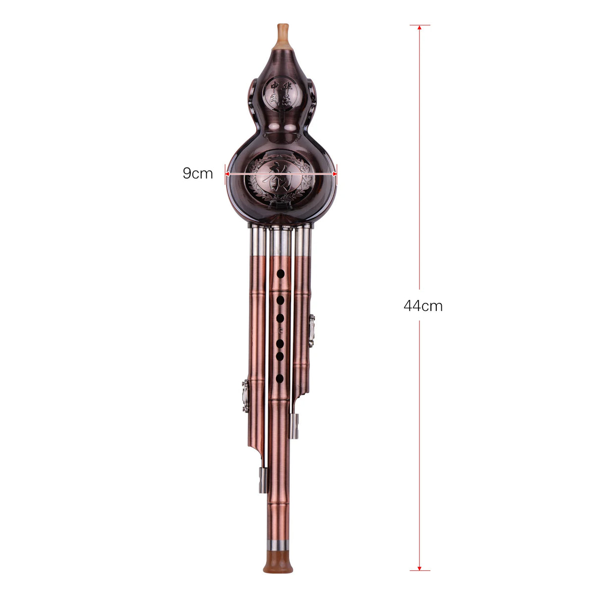 FanzyMarket C-Key Hulusi 3-Tone gourd flute with aluminum body, copper pipes, case, and decorative knot on a display.