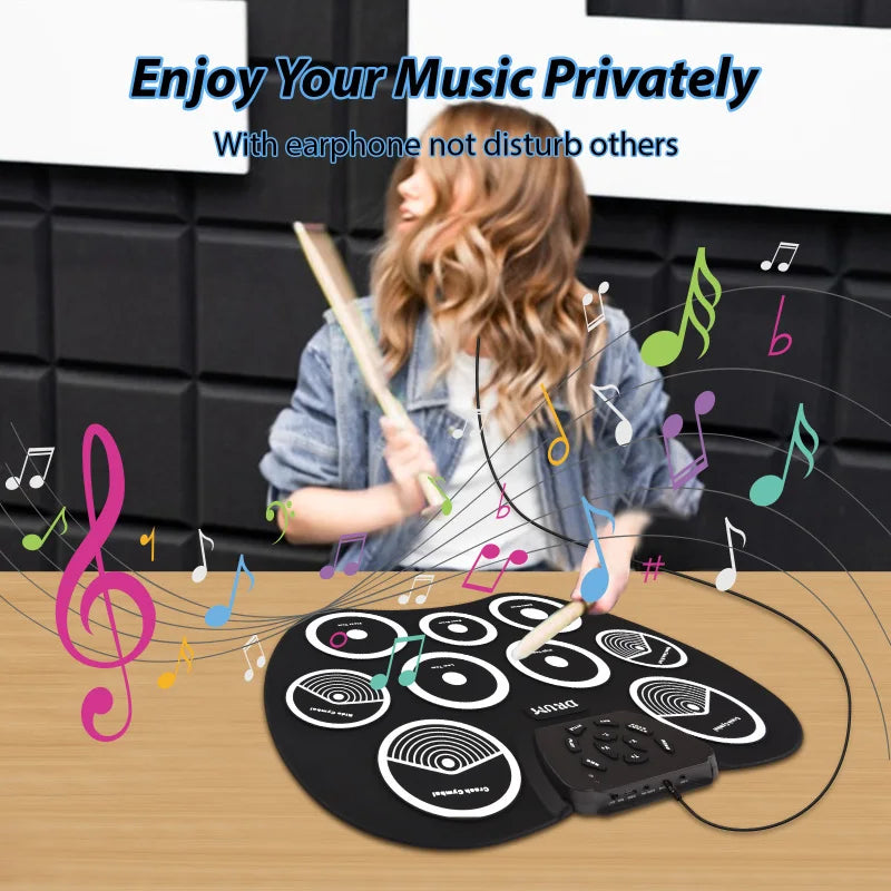 FanzyMarket portable 9-pad roll-up electronic drum set with USB MIDI, pedals, and drumsticks in black, designed for musical performance.