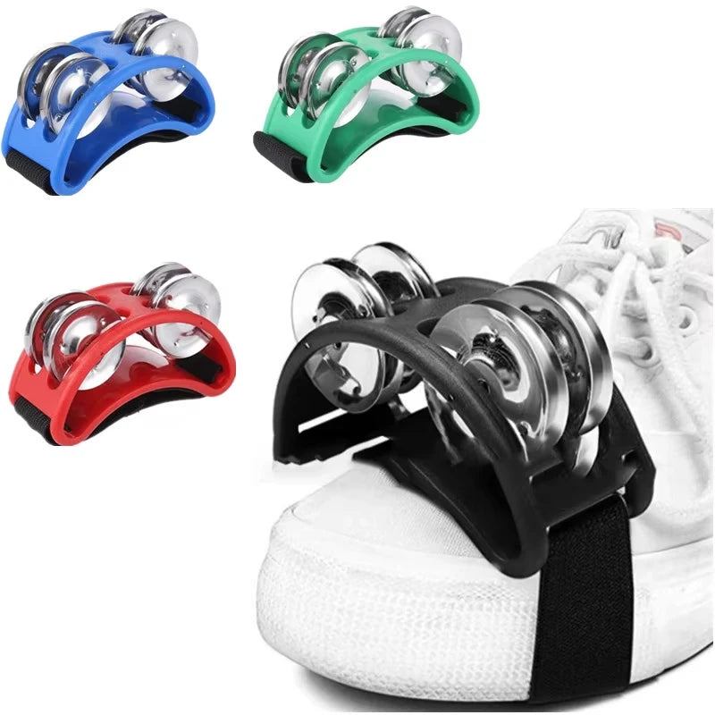 Two FanzyMarket elliptical jingle drum tambourines for kids, featuring hand and foot percussion with jingles, perfect for music and parties.