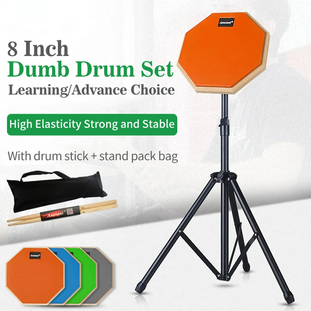 FanzyMarket 8-inch practice drum pad set with adjustable stand, drum sticks, carrying bag, and silent snare pad for beginners.