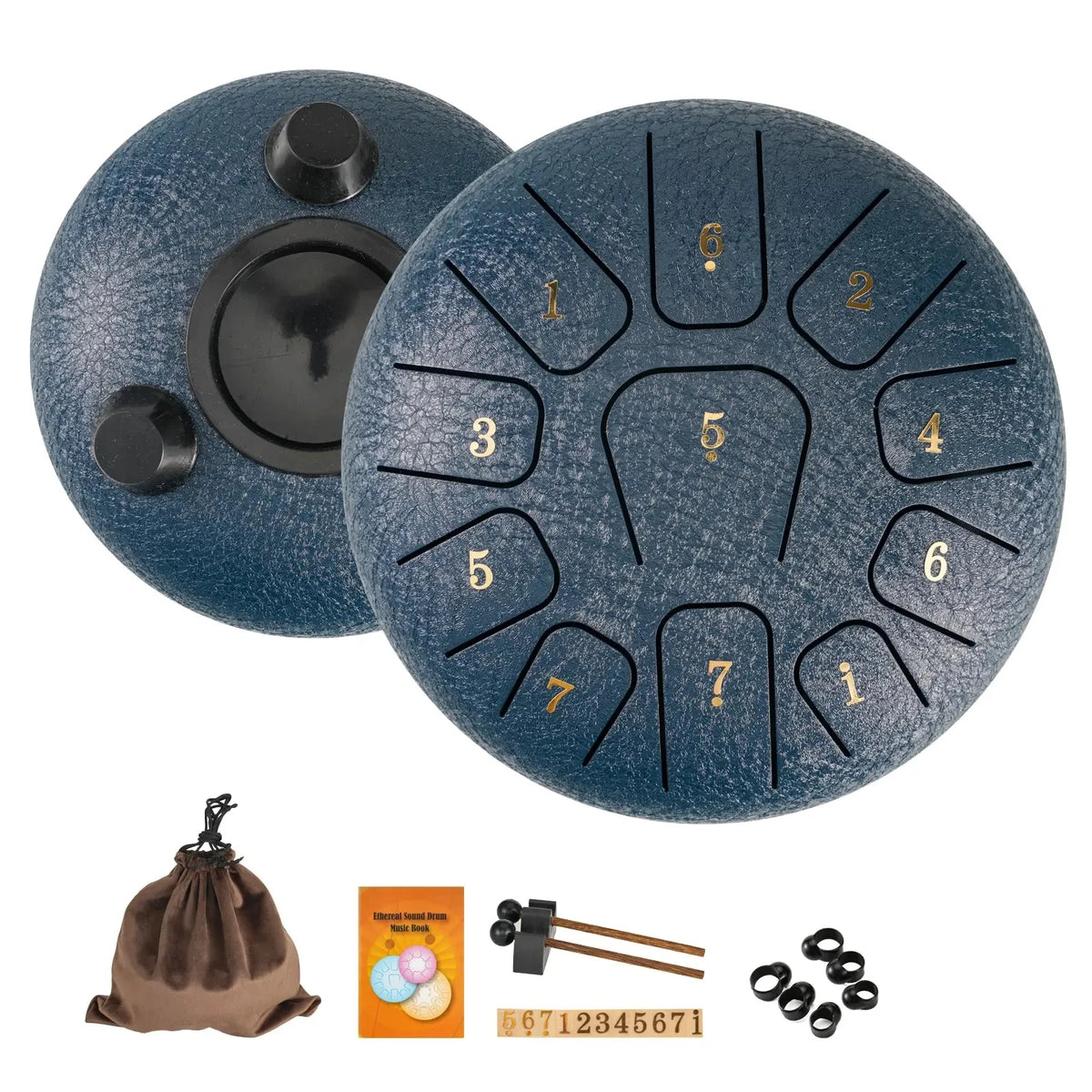 FanzyMarket 6-inch steel tongue drum set in navy blue with 11 notes, sticks, and carry bag for sound healing, yoga, and meditation.