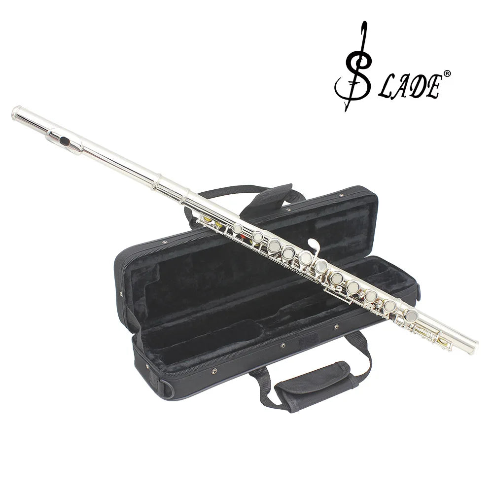 Silver-plated FanzyMarket 16-key C transverse flute with nickel-silver keys, case, and cleaning kit for professional musical performance.