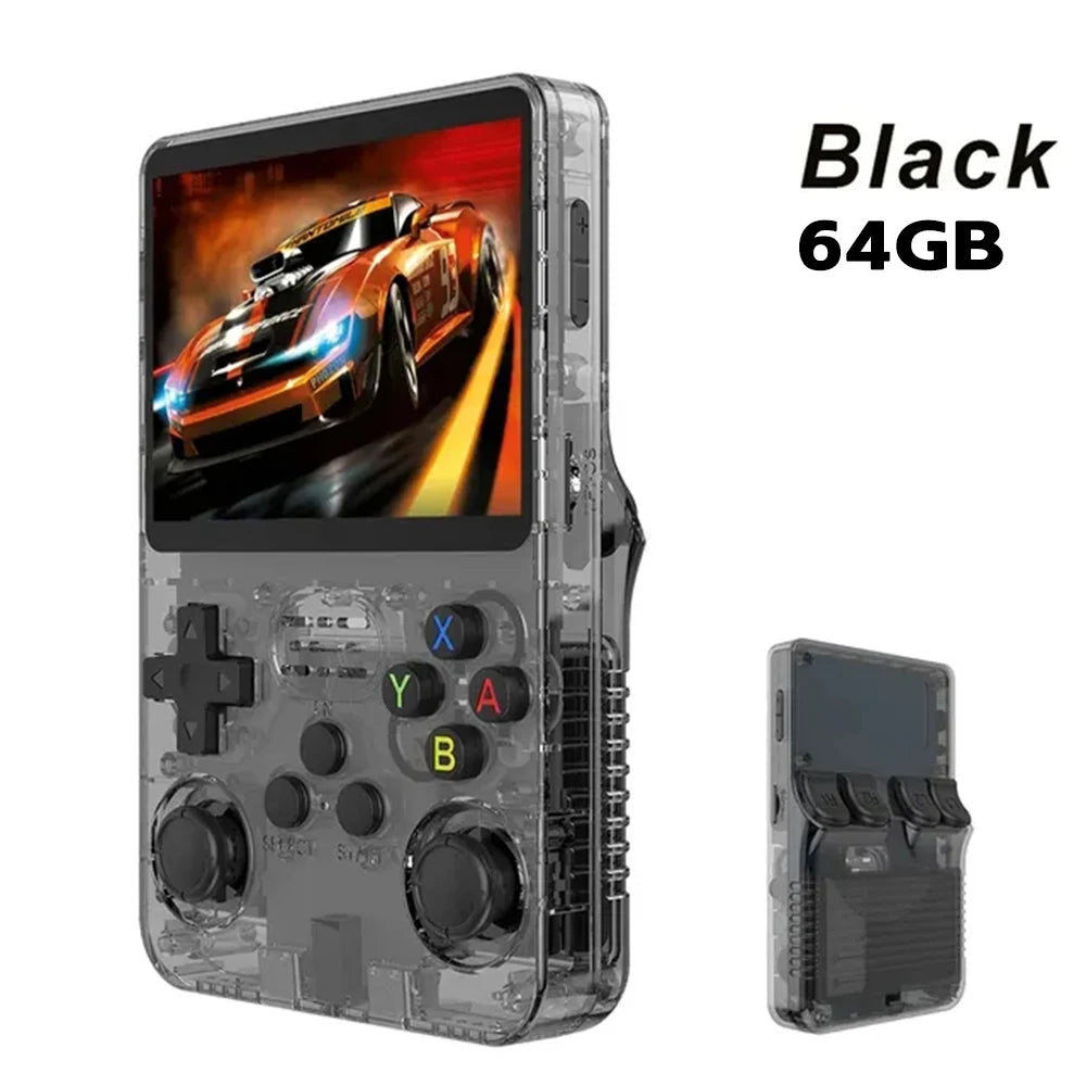 FanzyMarket retro handheld game console with 3.5-inch IPS screen, 64GB storage, purple color, and 15,000 classic games.