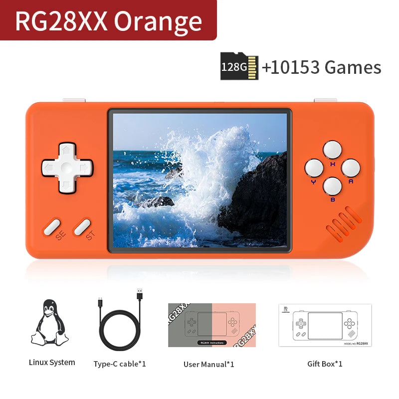 FanzyMarket handheld retro game console with 2.83-inch IPS screen, 64GB storage, 5000+ games, HDMI output, and 3100mAh battery.