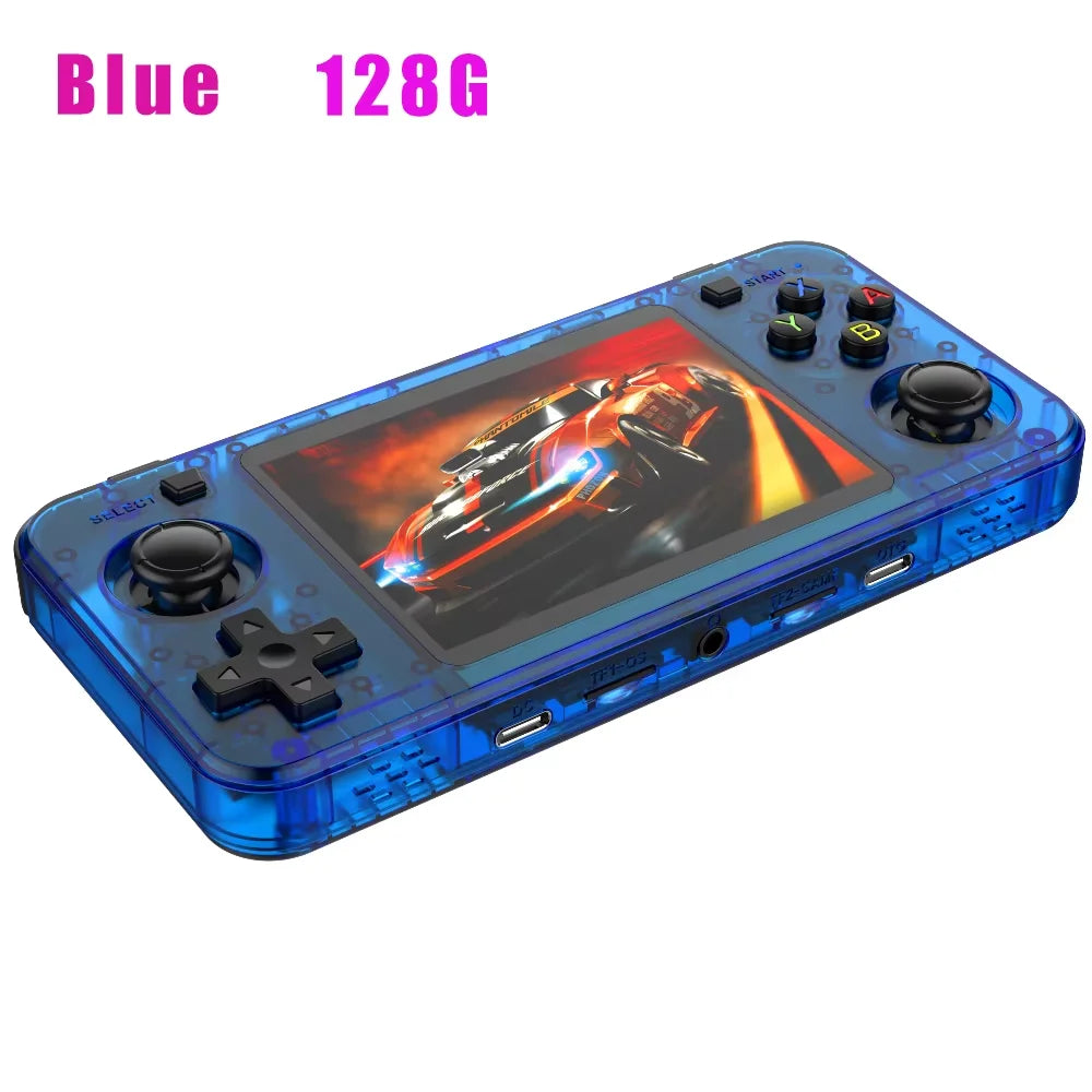 FanzyMarket retro handheld gaming console with 3.5-inch IPS screen, 64GB storage, black color, and classic games.
