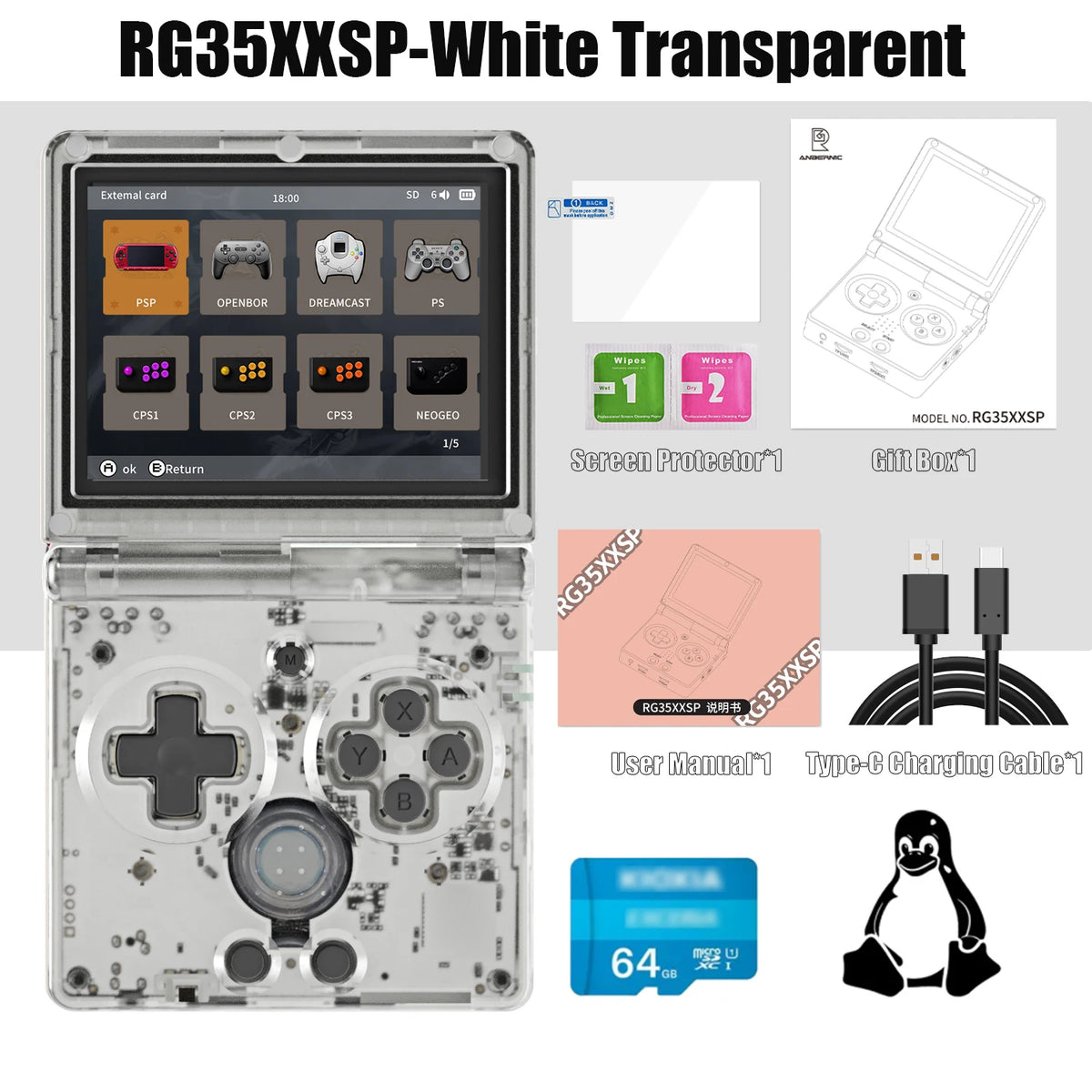 FanzyMarket 3.5-inch flip handheld game console with 64GB, IPS display, WiFi, HDMI, and retro gaming capabilities.