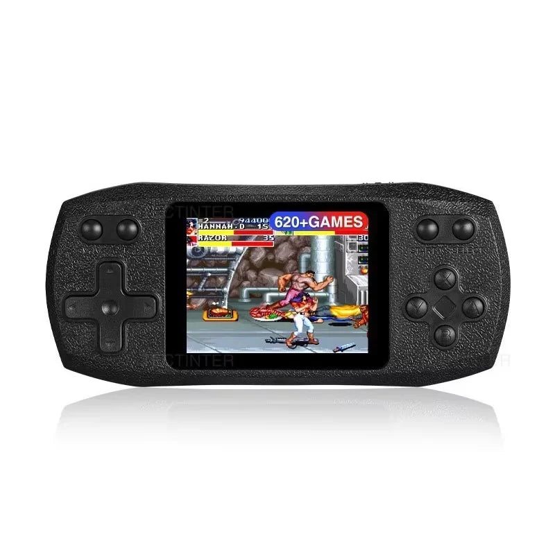 FanzyMarket 2.4-inch retro handheld game console with black design, gamepad, and visible screen showing classic game graphics.