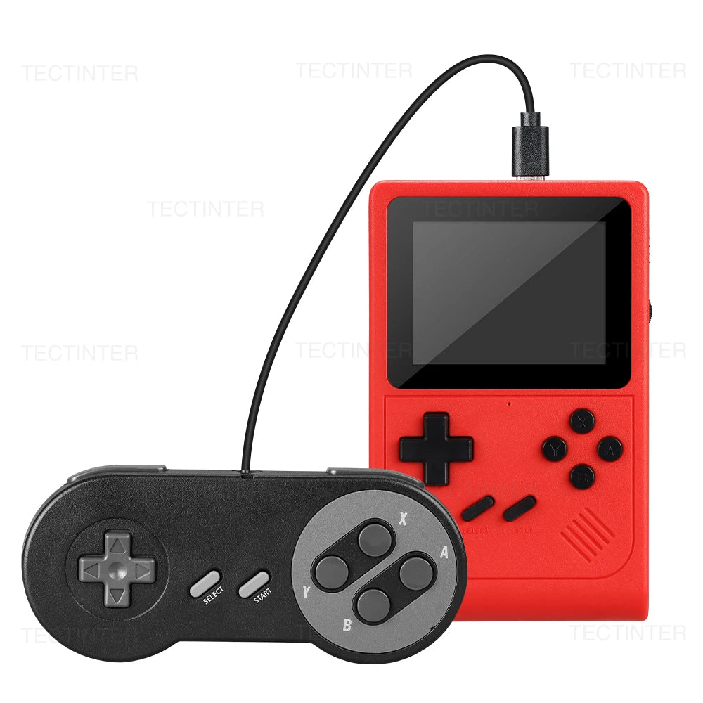 FanzyMarket handheld retro game console in black with gamepad, 3-inch screen, 6,000+ classic games, multi-emulator, AV output, 2-player.