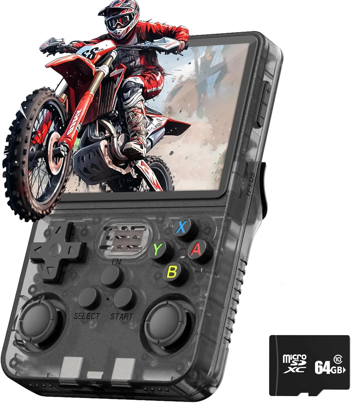 FanzyMarket retro handheld game console with 3.5-inch IPS screen, 15,000+ games, 64-bit Linux, portable design for kids.