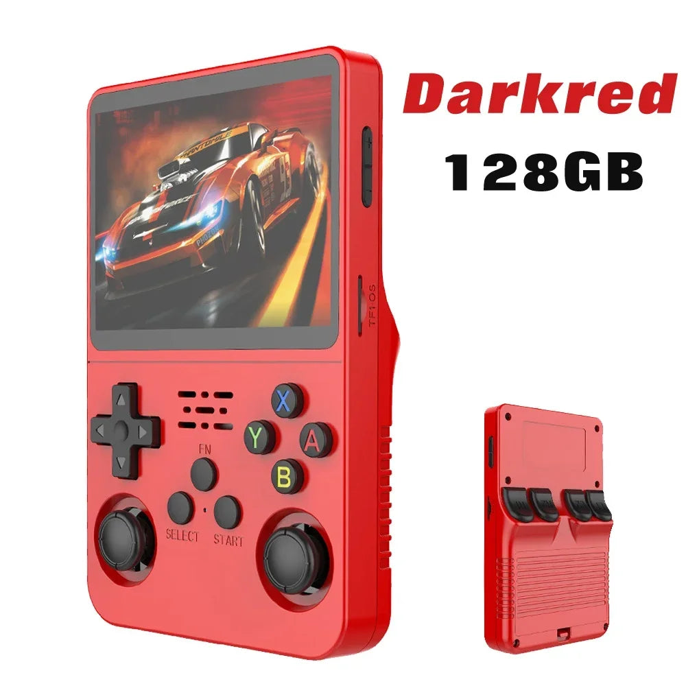 FanzyMarket retro handheld game console with 3.5-inch IPS display, 64GB storage, and preloaded 15,000+ games in dark blue.