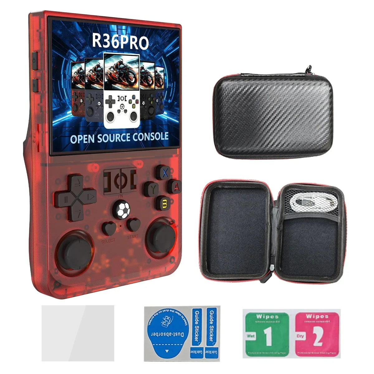 FanzyMarket retro handheld game console with 3.5-inch IPS screen, dual joysticks, open Linux, available in 64GB or 128GB storage.