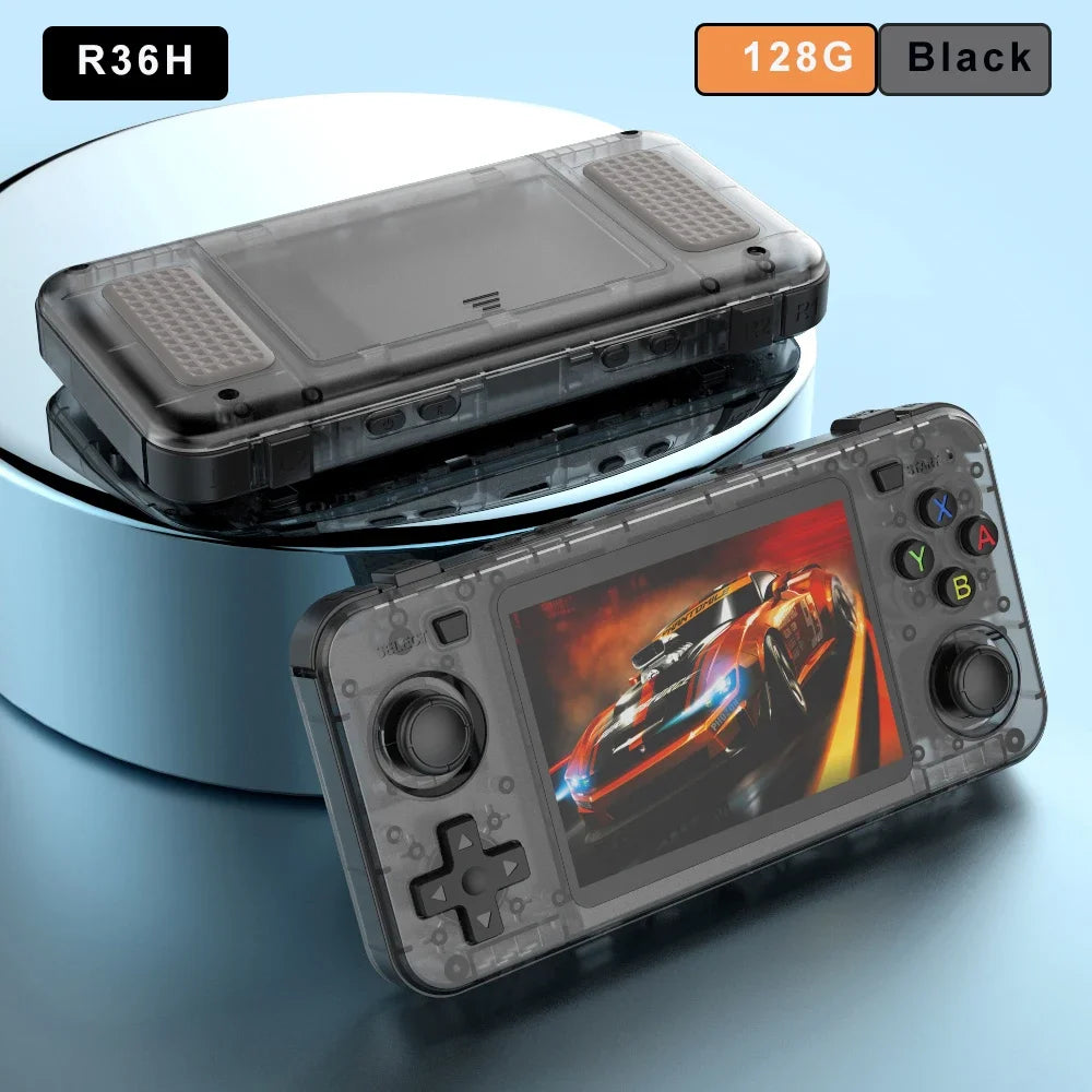 FanzyMarket handheld retro game console with 3.5-inch IPS screen, Linux OS, 64GB storage, 3000mAh battery, and classic games.