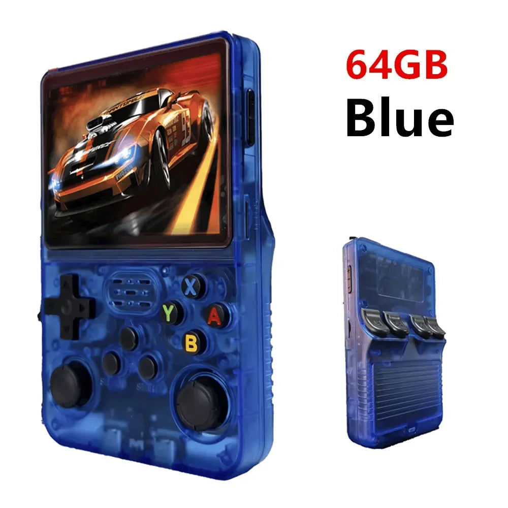 FanzyMarket retro handheld game console with 3.5-inch IPS screen, 128GB storage, preloaded with 20,000 games, portable Linux device.