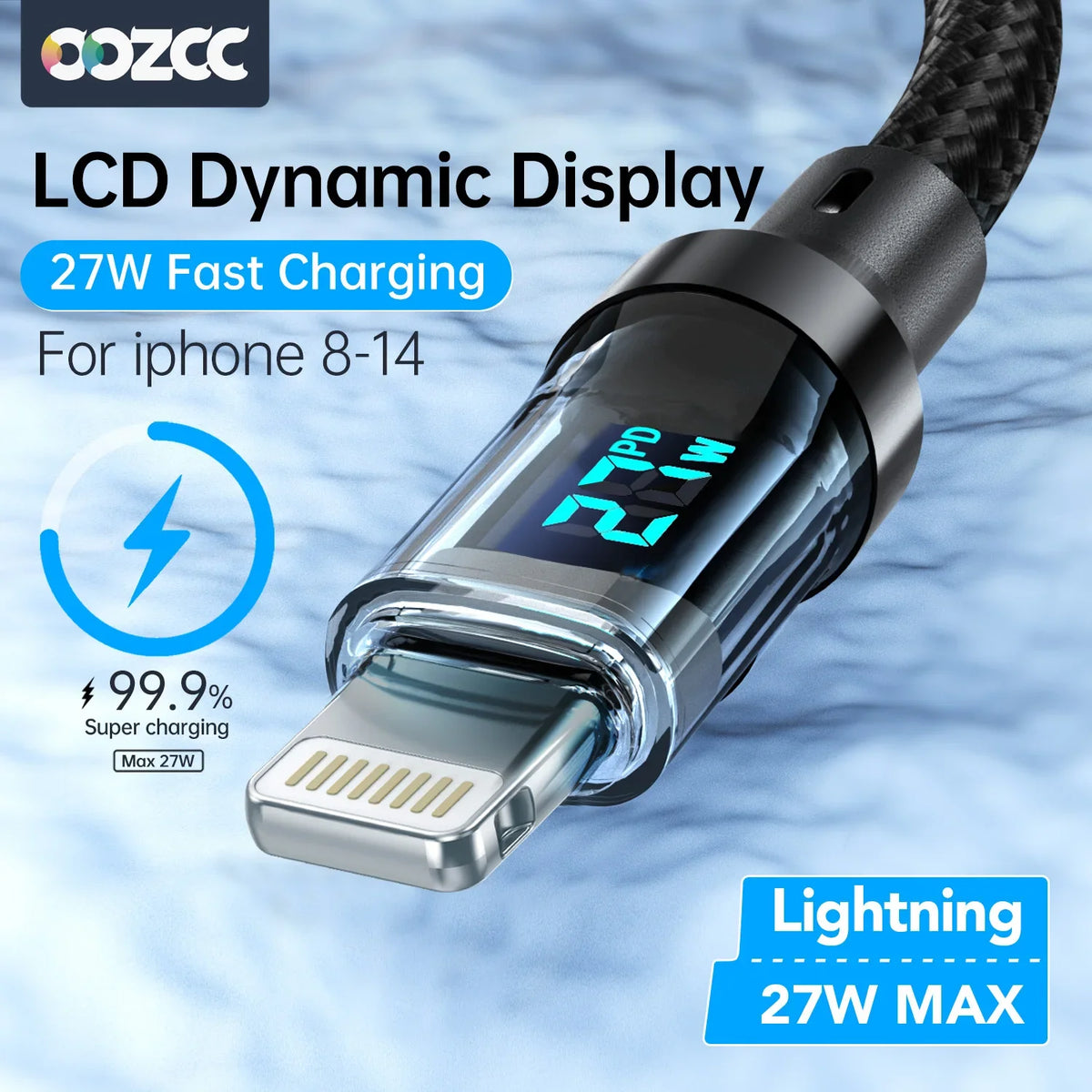 Braided MFi Lightning fast charging cable with LCD power display