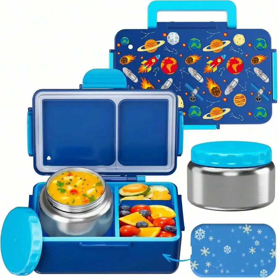 Kids leakproof bento lunch box with stainless steel soup thermos and three compartments