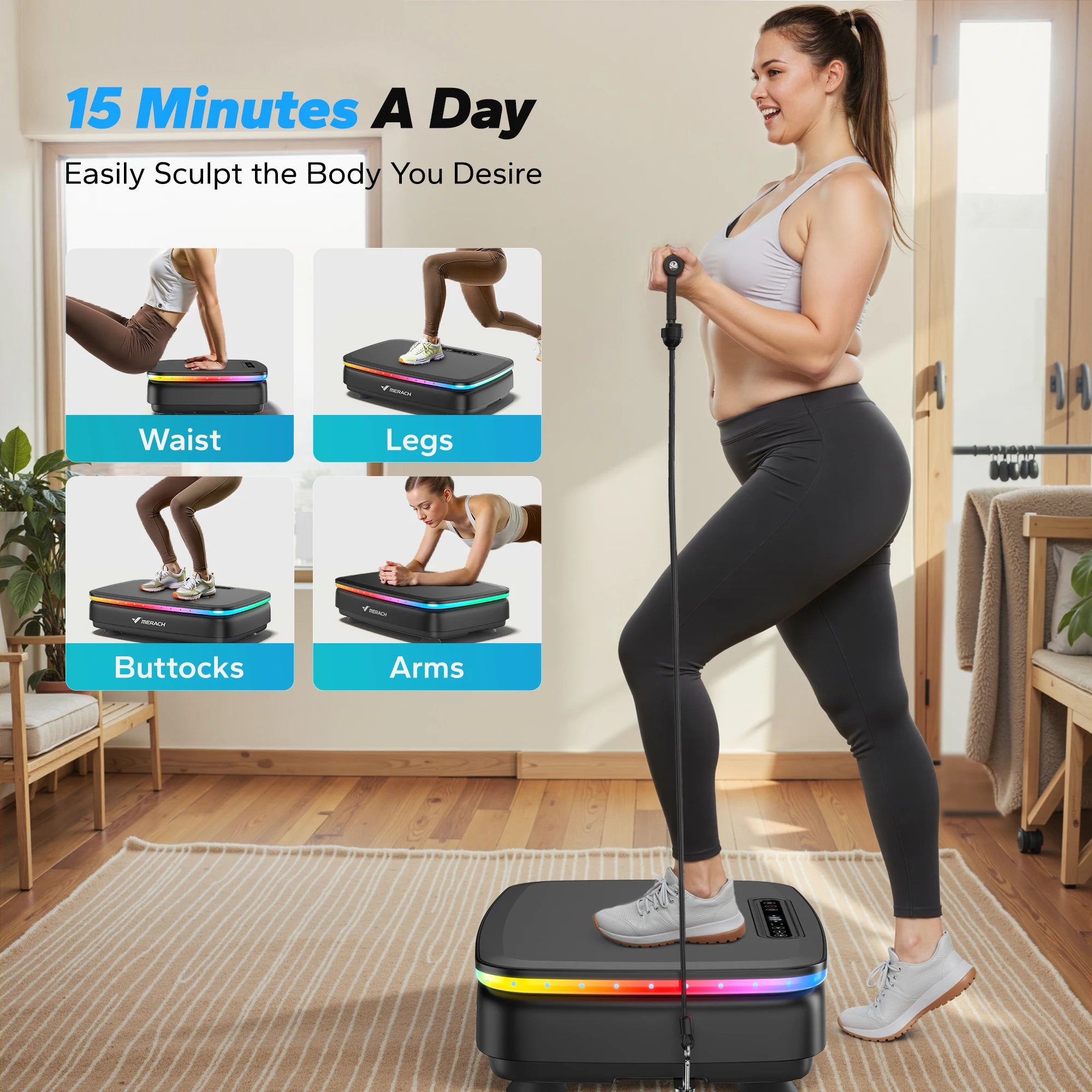 Whole Body Vibration Plate Machine with LED Lights & Bluetooth Speaker – 330 lb (150 kg) Capacity, 99 Speeds, Remote Control