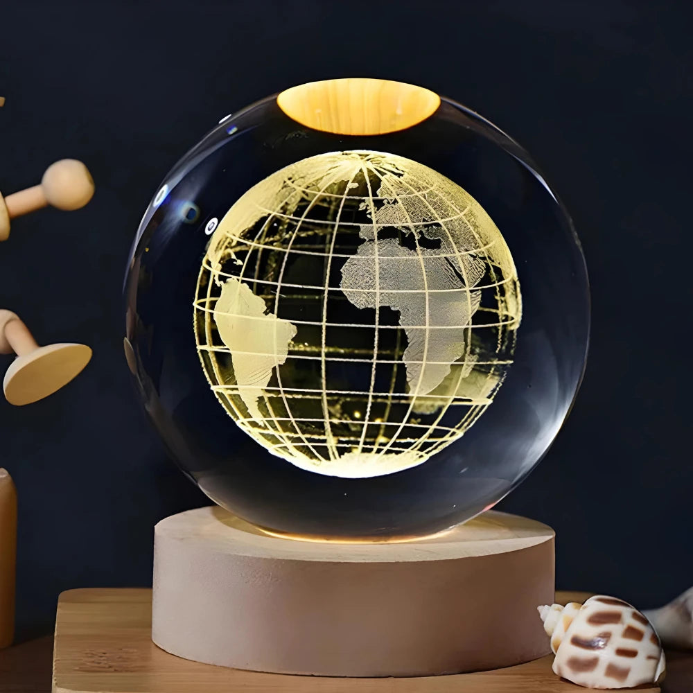 Galaxy Crystal Ball LED Table Lamp with Wooden USB Base 2.36 in (6 cm) 3D Solar System Night Light