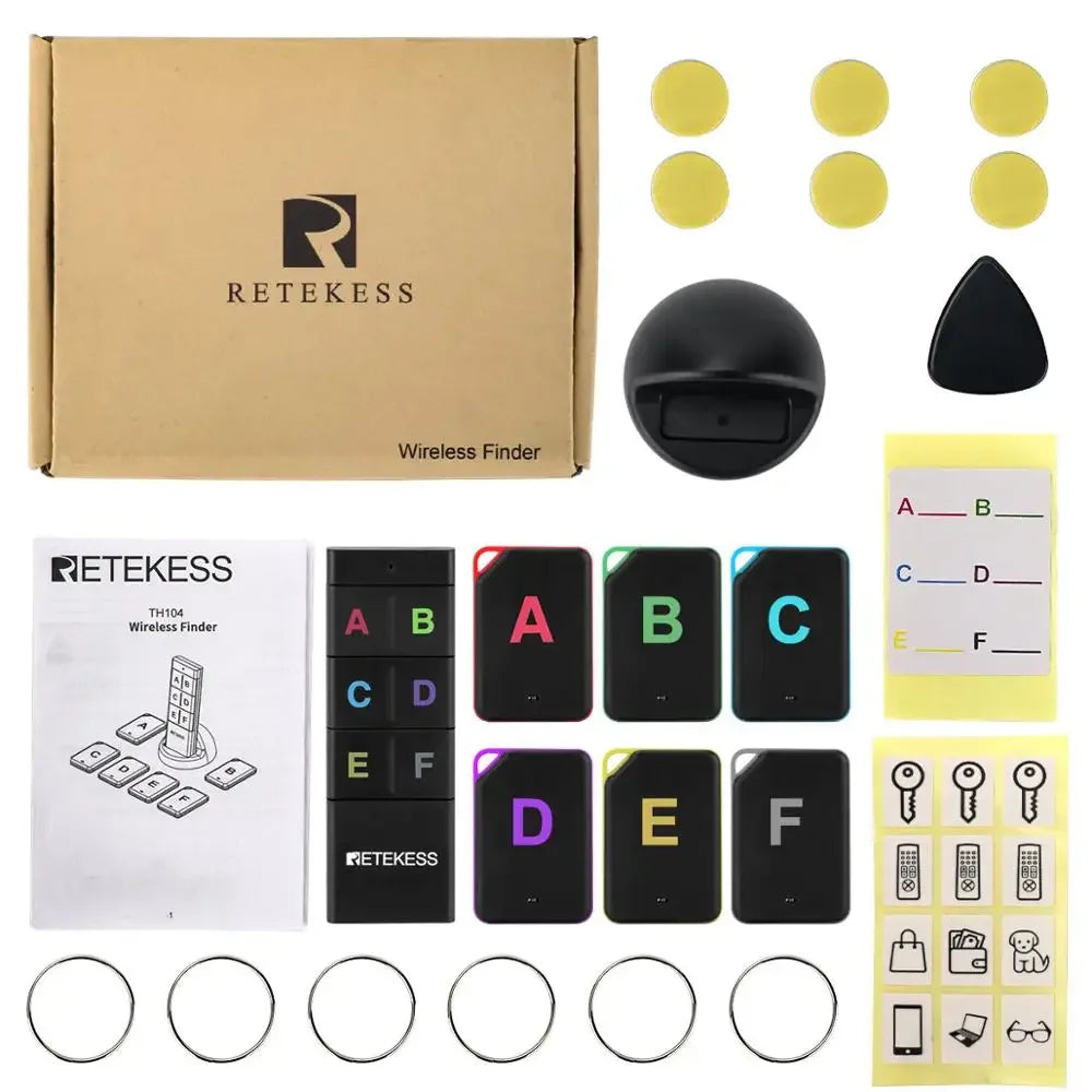 Wireless RF Key Finder — Remote Item Locator 1 Transmitter + 6 Receivers, Up to 40m (131 ft), Key Rings & Adhesive