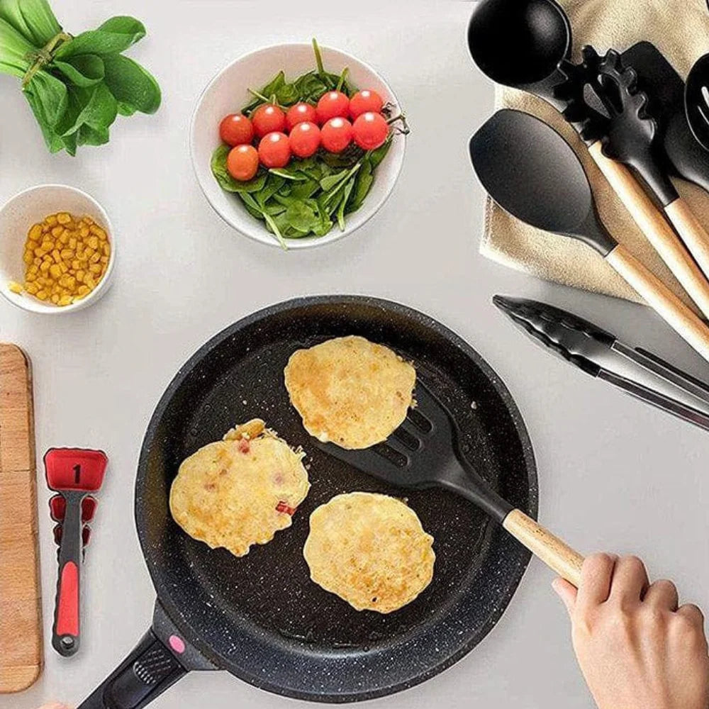 12-Piece Wooden-Handle Silicone Kitchen Utensil Set with Storage Container
