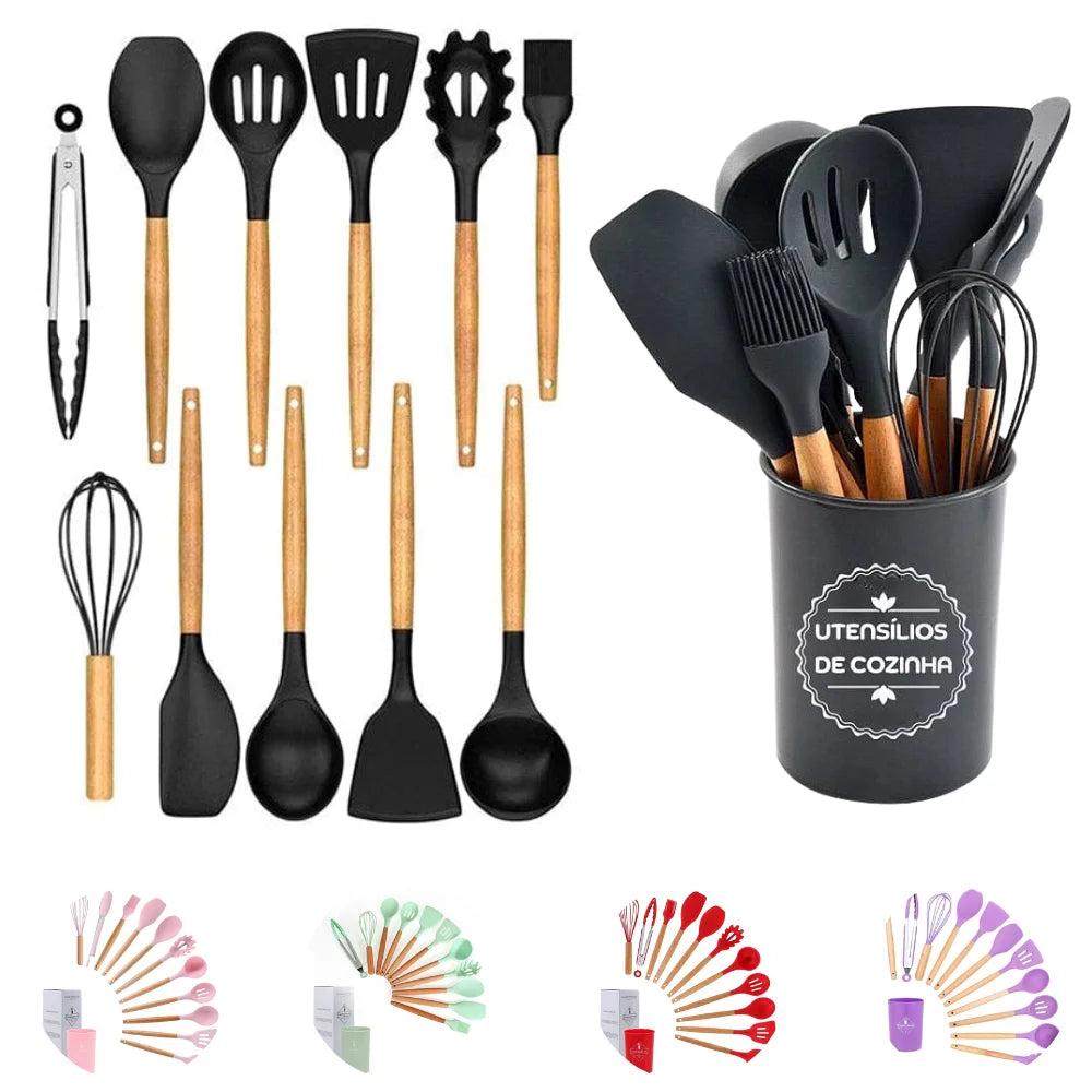 12-Piece Wooden-Handle Silicone Kitchen Utensil Set with Storage Container