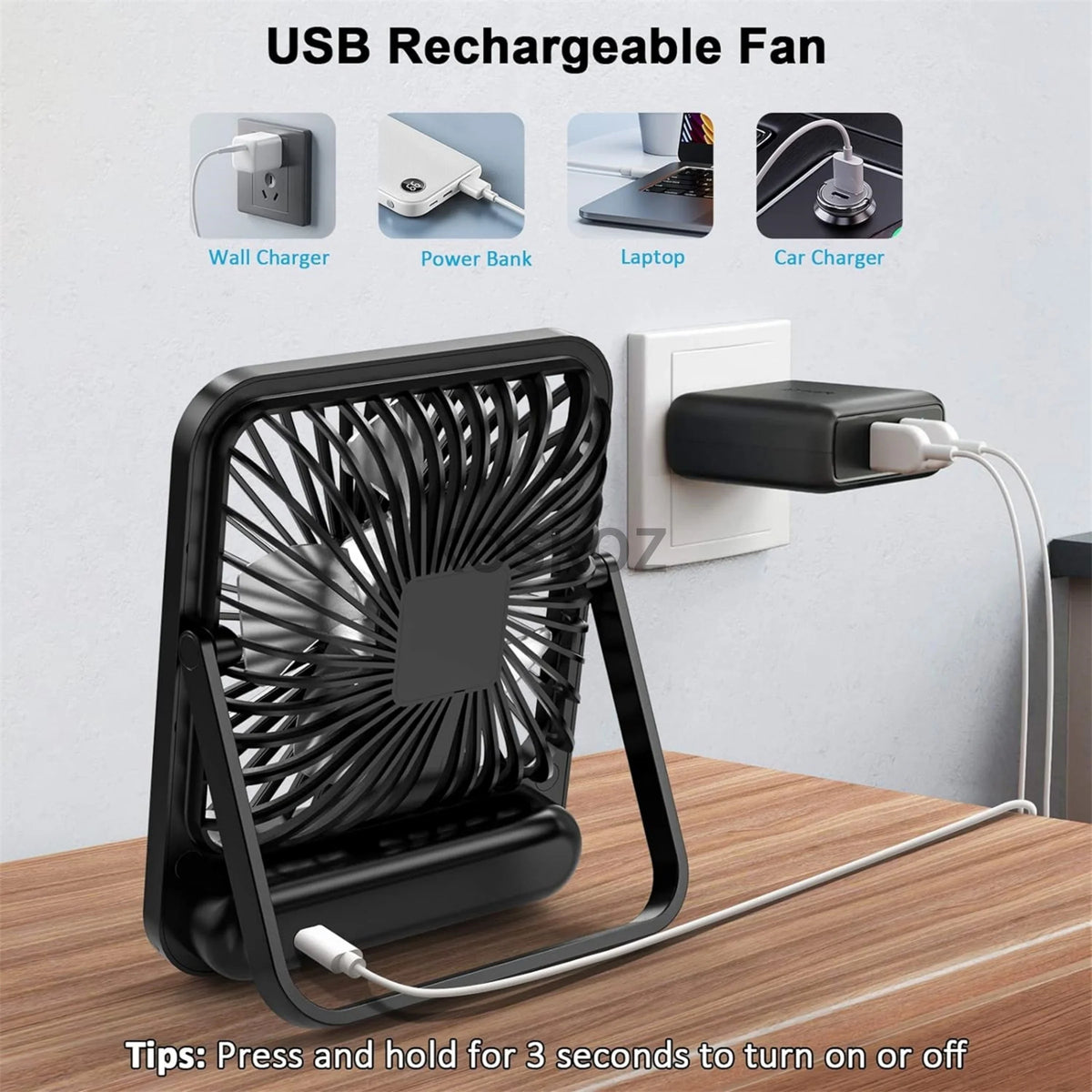 USB Rechargeable Portable Desk Fan — 180° Foldable Personal Table Fan, 5-Speed Quiet Fan with Battery Power Display