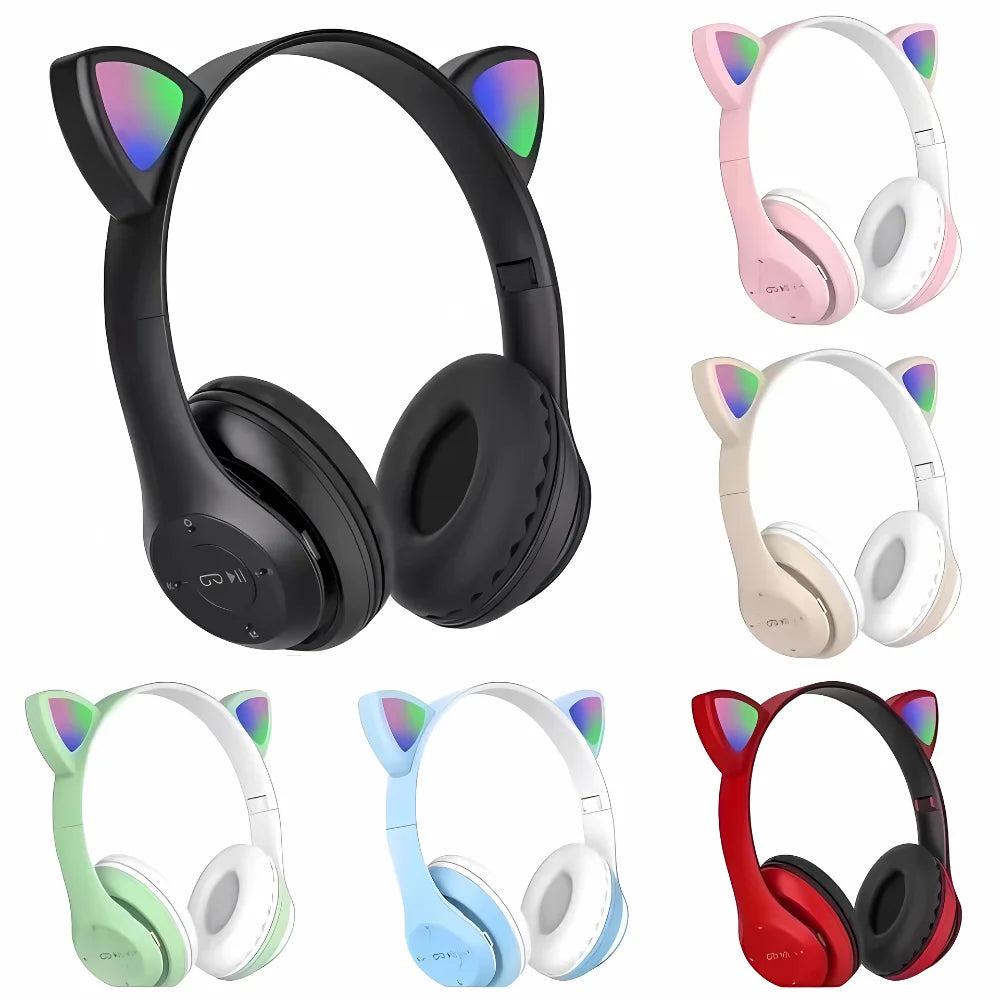 Bluetooth Cat Ear Headphones with LED Lights, Wireless & Wired Headset with Mic and SD Card Slot