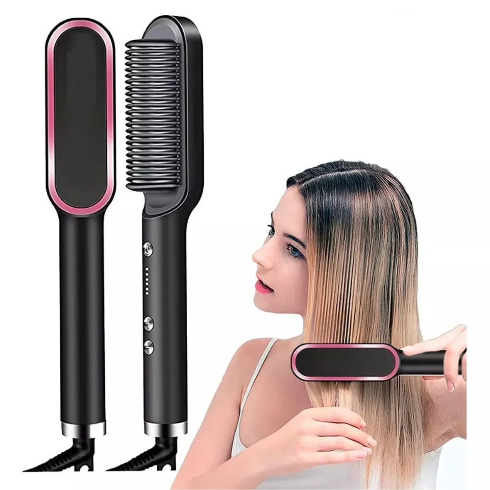 3-in-1 Heated Electric Hair Brush – Straightener & Styler, Ceramic Bristles, 110-220V Bivolt