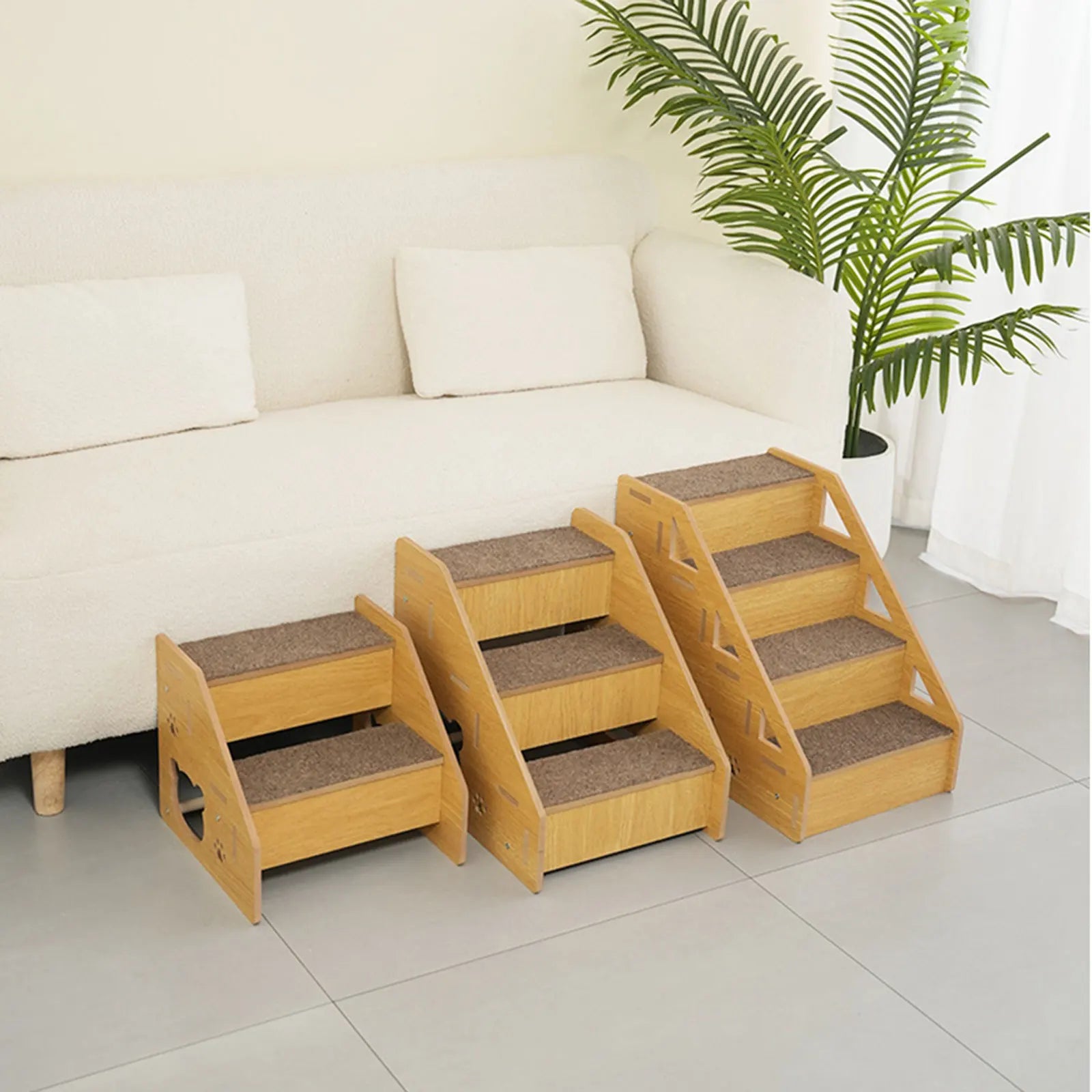 3-Step Wooden Pet Stairs with Non-Slip Carpet Ramp for Small Dogs & Cats to Reach Beds and Couches