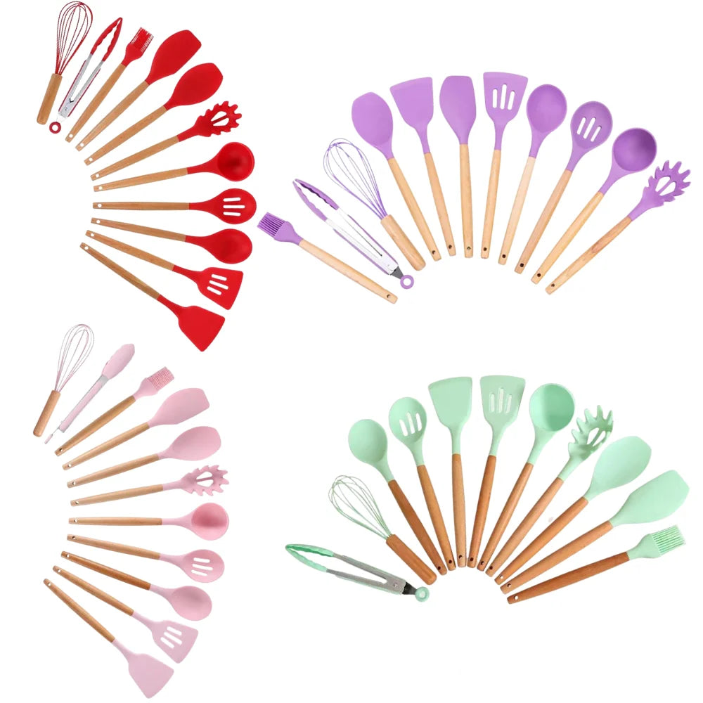 12-Piece Wooden-Handle Silicone Kitchen Utensil Set with Storage Container