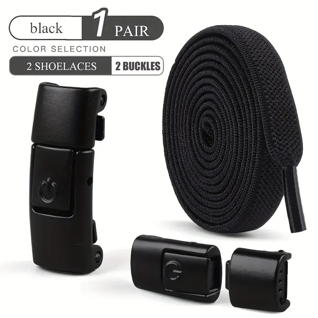 Black no-tie elastic shoelaces with two buckles and laces