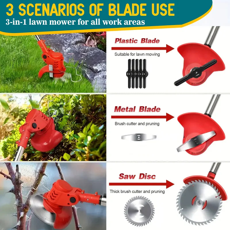 Cordless Electric Riding Lawn Mower and Weed Trimmer for Gardens & Courtyards