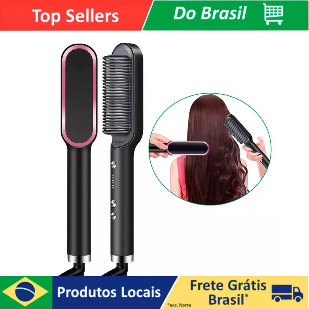3-in-1 Heated Electric Hair Brush – Straightener & Styler, Ceramic Bristles, 110-220V Bivolt