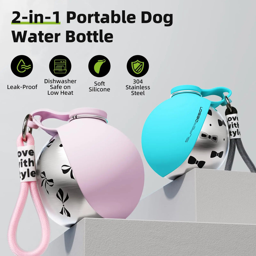 2-in-1 Portable Dog Water Bottle for Small Dogs – Leak-Proof Stainless Steel & Silicone Travel Bottle