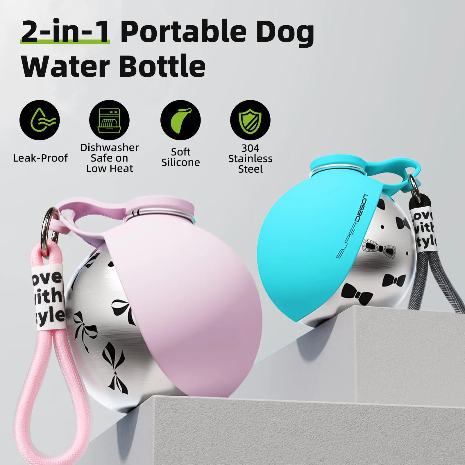 2-in-1 Portable Dog Water Bottle for Small Dogs – Leak-Proof Stainless Steel & Silicone Travel Bottle