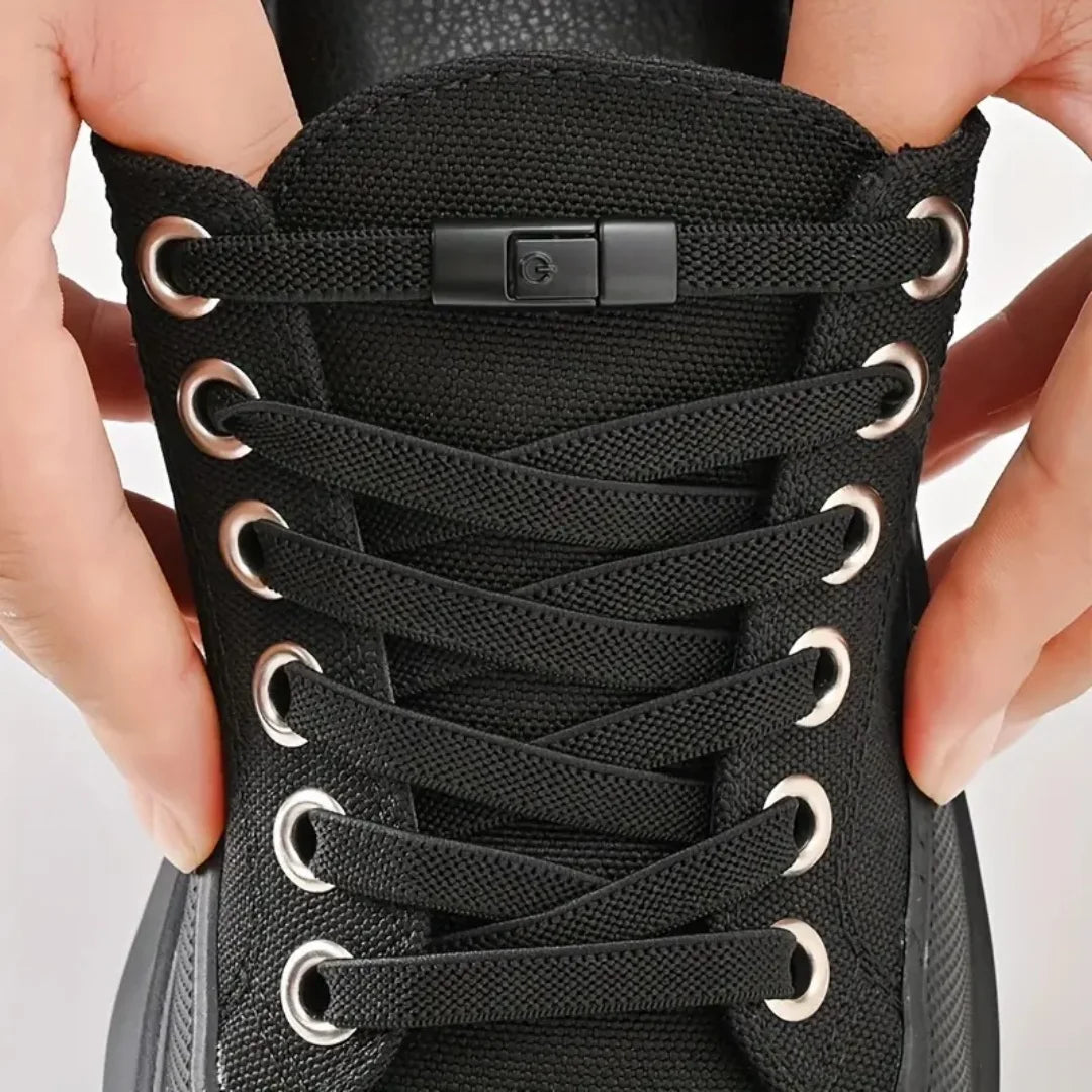 Close-up of black no-tie elastic shoelaces on sneaker