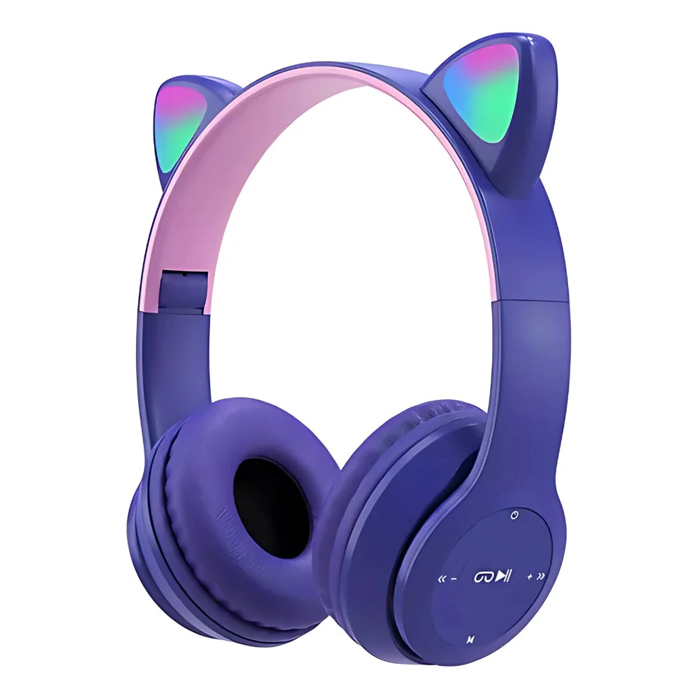 Bluetooth Cat Ear Headphones with LED Lights, Wireless & Wired Headset with Mic and SD Card Slot