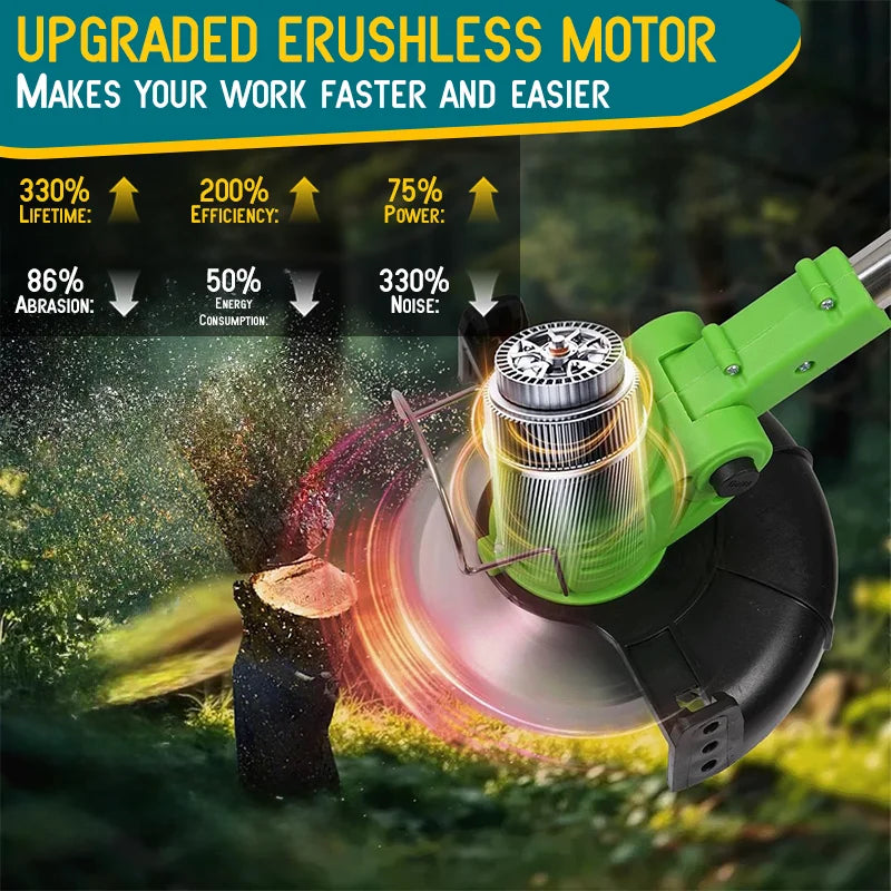 Cordless Electric Riding Lawn Mower and Weed Trimmer for Gardens & Courtyards
