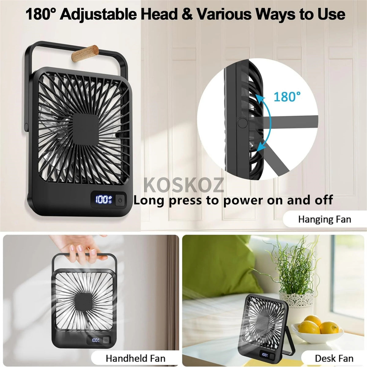 USB Rechargeable Portable Desk Fan — 180° Foldable Personal Table Fan, 5-Speed Quiet Fan with Battery Power Display