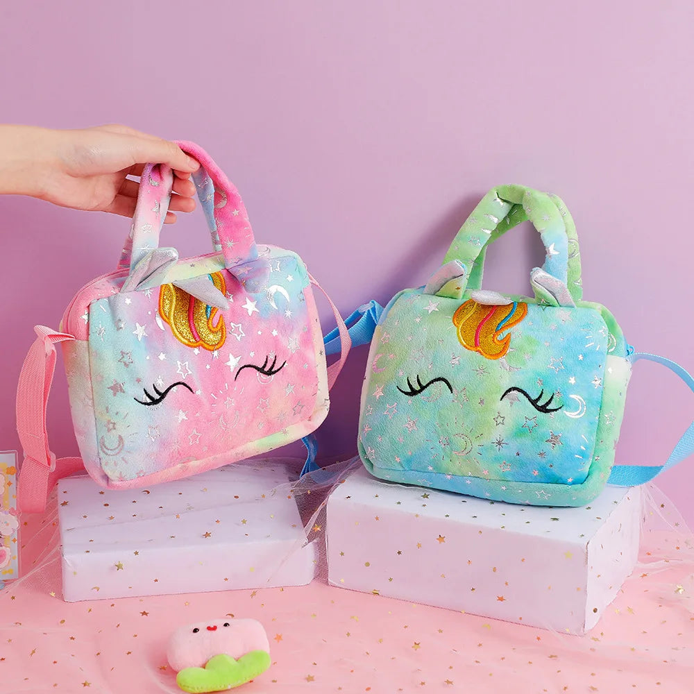 Plush Unicorn Tie-Dye Crossbody Bag for Girls Cute Shoulder Satchel