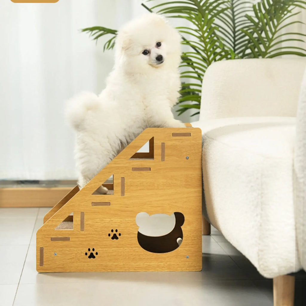 3-Step Wooden Pet Stairs with Non-Slip Carpet Ramp for Small Dogs & Cats to Reach Beds and Couches