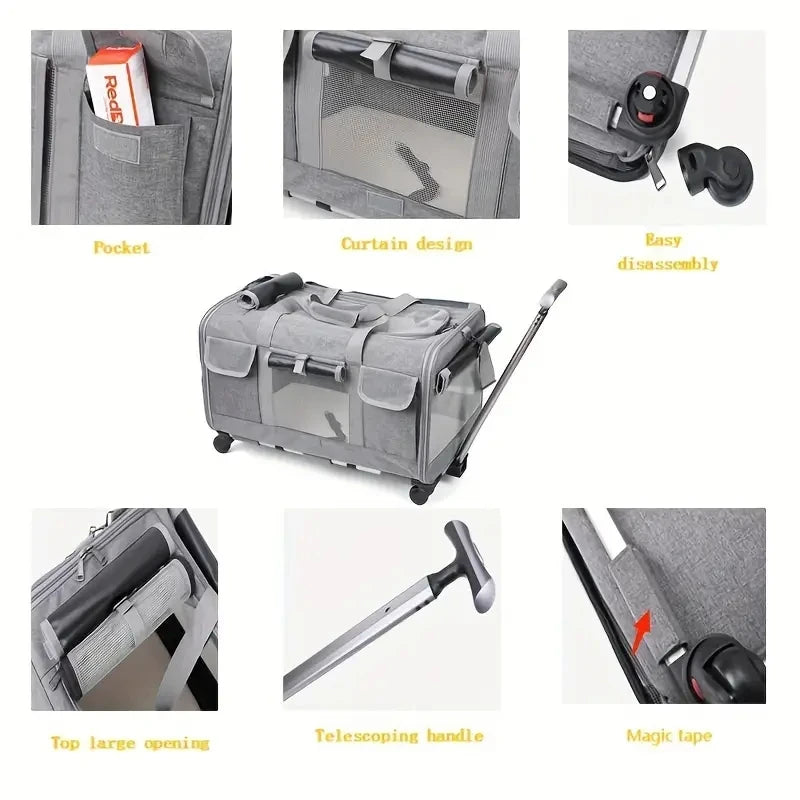 Extra Large Foldable Pet Trolley Carrier - Detachable Dog & Cat Travel Bag, 44 x 60 x 39 cm (17.3 x 23.6 x 15.4 in)