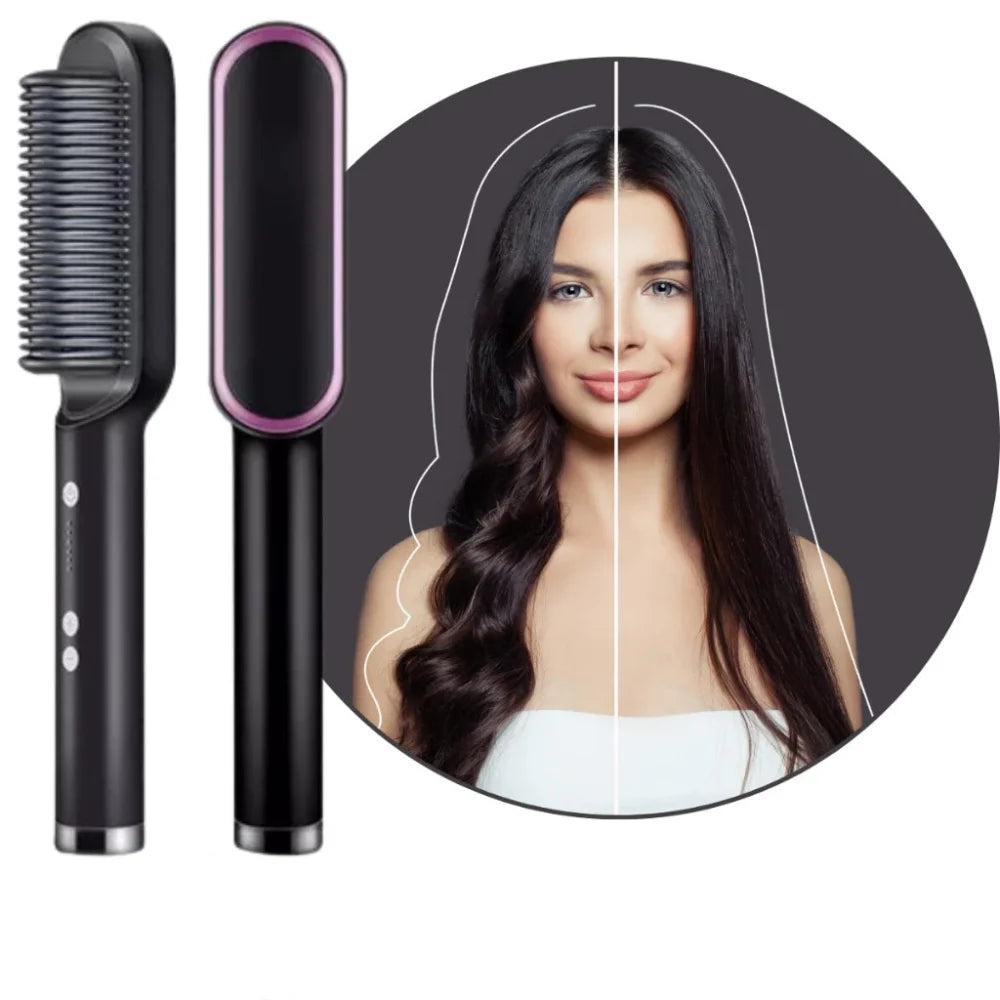 3-in-1 Heated Electric Hair Brush – Straightener & Styler, Ceramic Bristles, 110-220V Bivolt