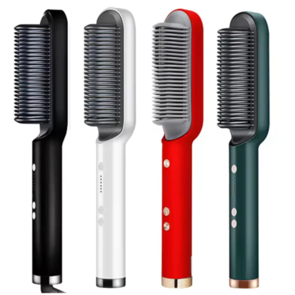 3-in-1 Heated Electric Hair Brush – Straightener & Styler, Ceramic Bristles, 110-220V Bivolt