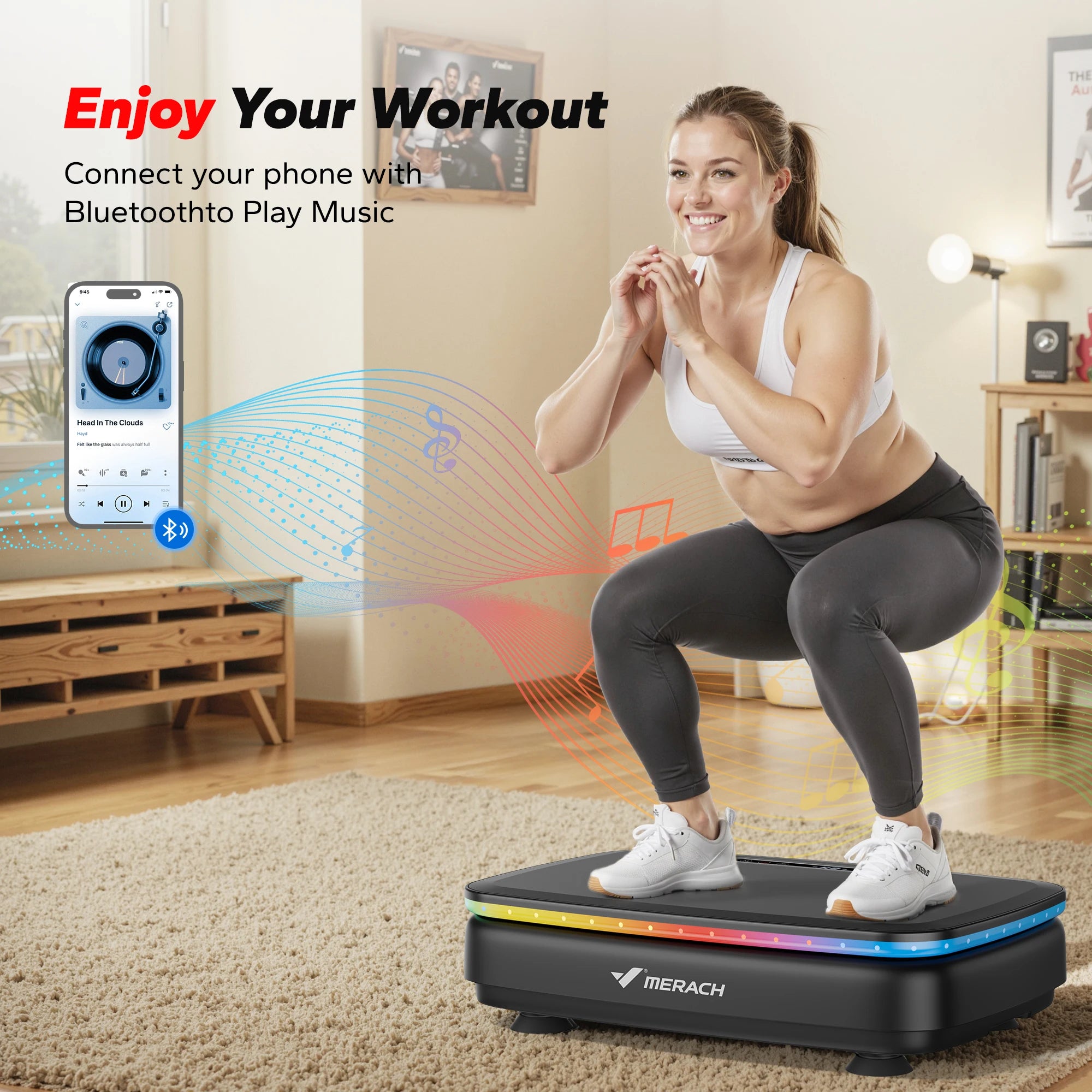 Whole Body Vibration Plate Machine with LED Lights & Bluetooth Speaker – 330 lb (150 kg) Capacity, 99 Speeds, Remote Control