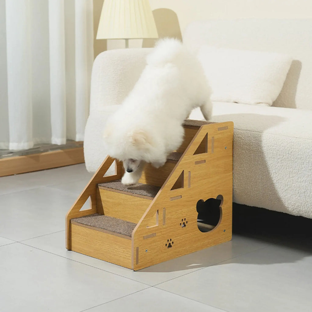 3-Step Wooden Pet Stairs with Non-Slip Carpet Ramp for Small Dogs & Cats to Reach Beds and Couches