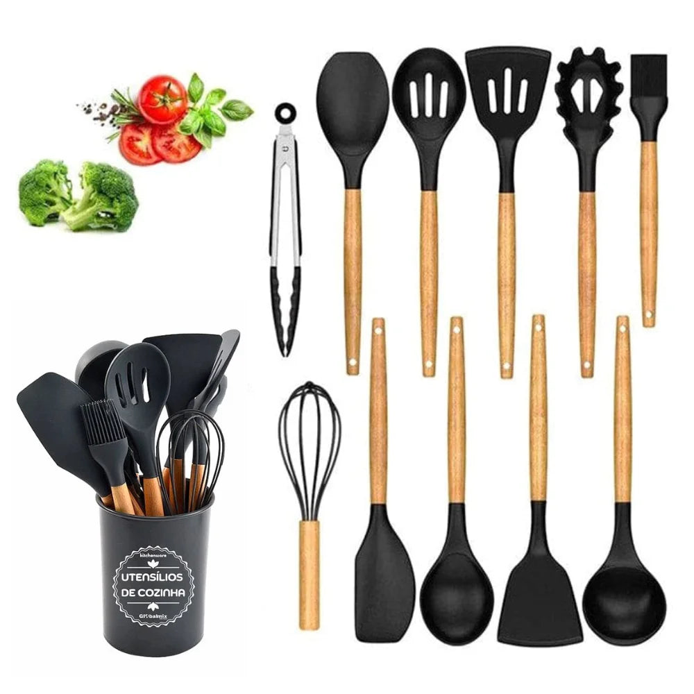 12-Piece Wooden-Handle Silicone Kitchen Utensil Set with Storage Container
