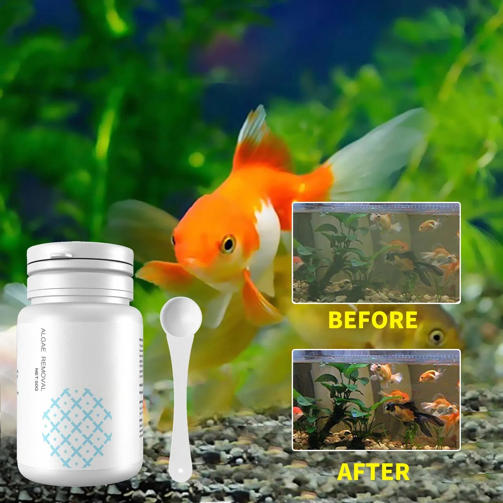 Aquarium Algae Tablets 50-Pack with Spoon, Fish Tank Algaecide Moss & Odor Remover Water Purifier
